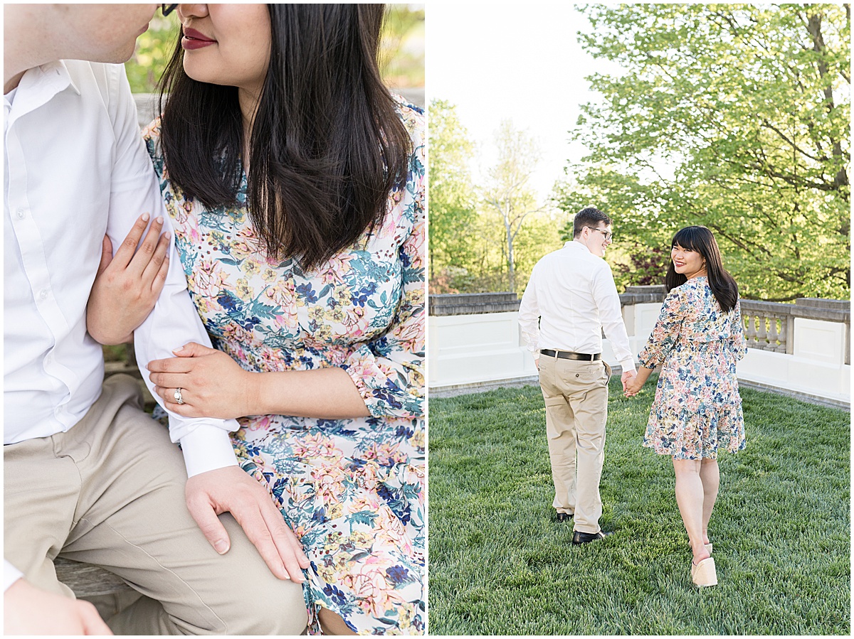 Couple hold hands during engagement photos at Newfields in Indianapolis.