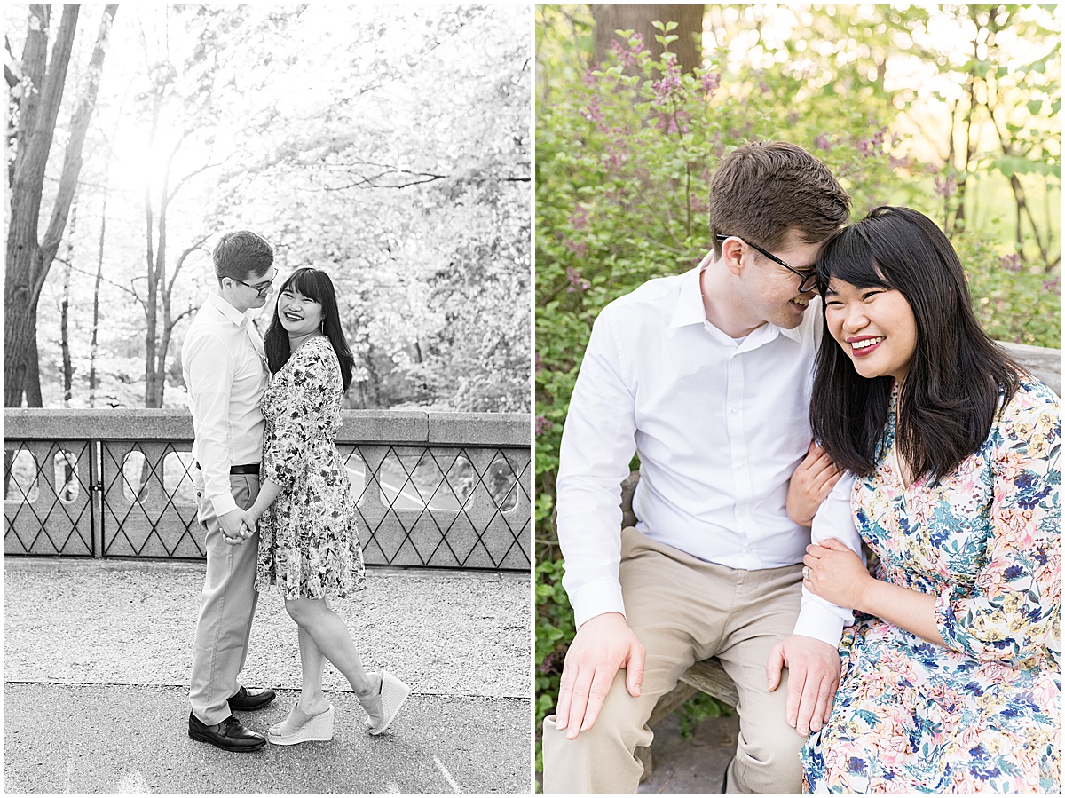 Couple sit in garden at engagement photos at Newfields in Indianapolis.
