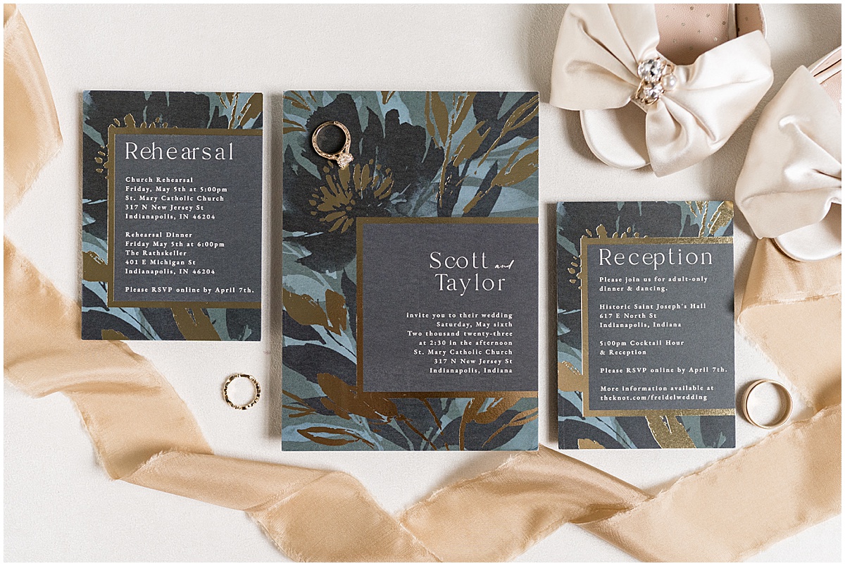 Wedding invitation suite and rings for Historic Saint Joseph Hall wedding in Indianapolis