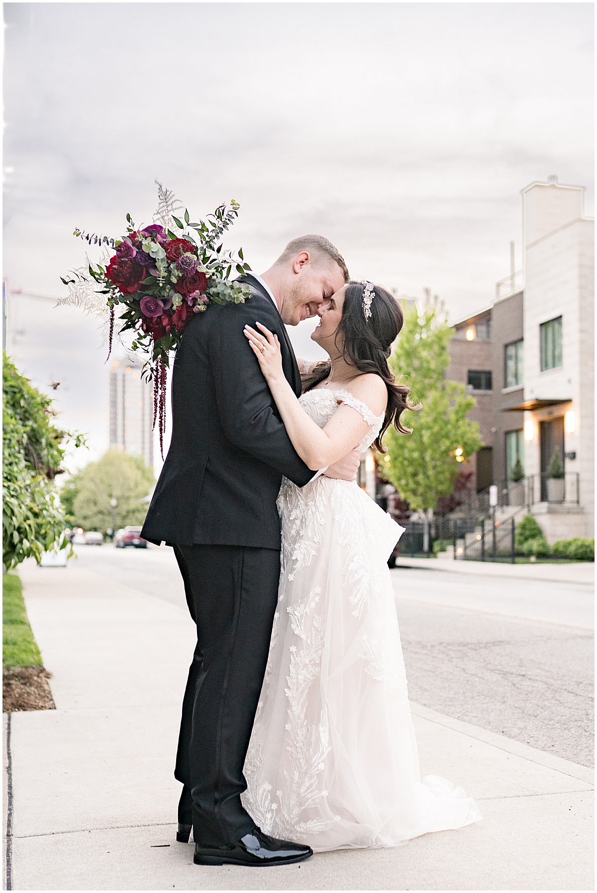 Bride and groom sunset photos during Historic Saint Joseph Hall wedding in Indianapolis