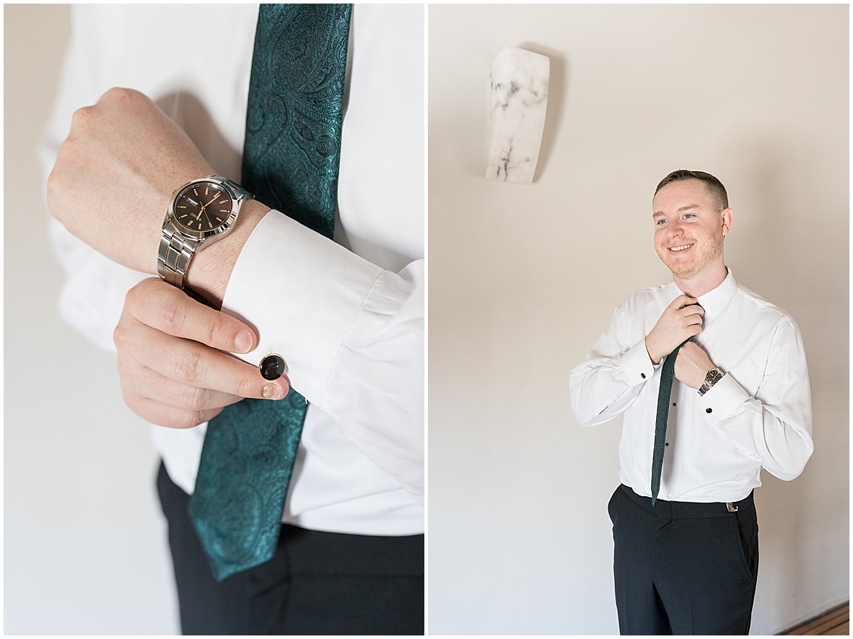 Groom tying tie and putting in cufflinks for Historic Saint Joseph Hall wedding in Indianapolis