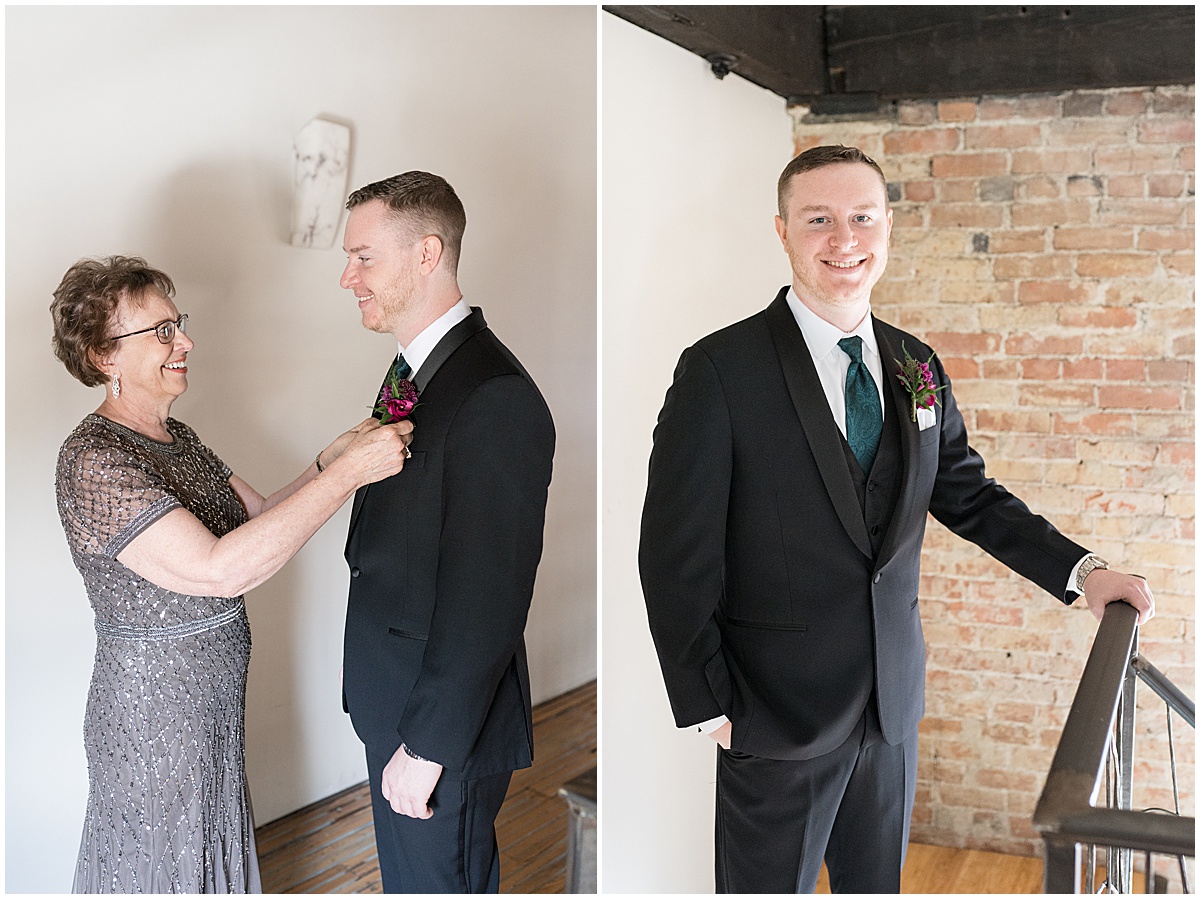 Groom getting ready with the help of his mom for Historic Saint Joseph Hall wedding in Indianapolis