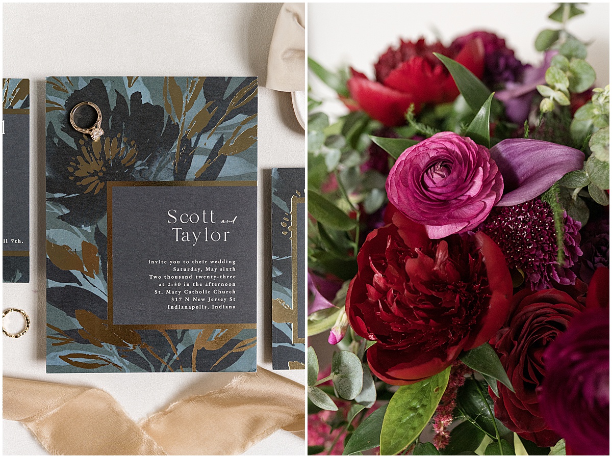 Invitations and flowers for Historic Saint Joseph Hall wedding in Indianapolis