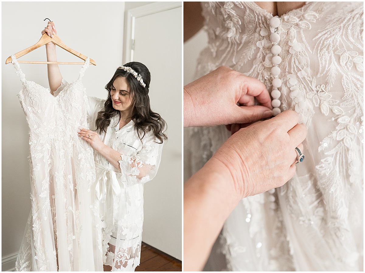 Bride holding dress and getting buttoned for Historic Saint Joseph Hall wedding in Indianapolis