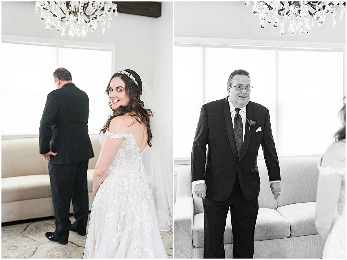 Bride's first look with dad before Historic Saint Joseph Hall wedding in Indianapolis