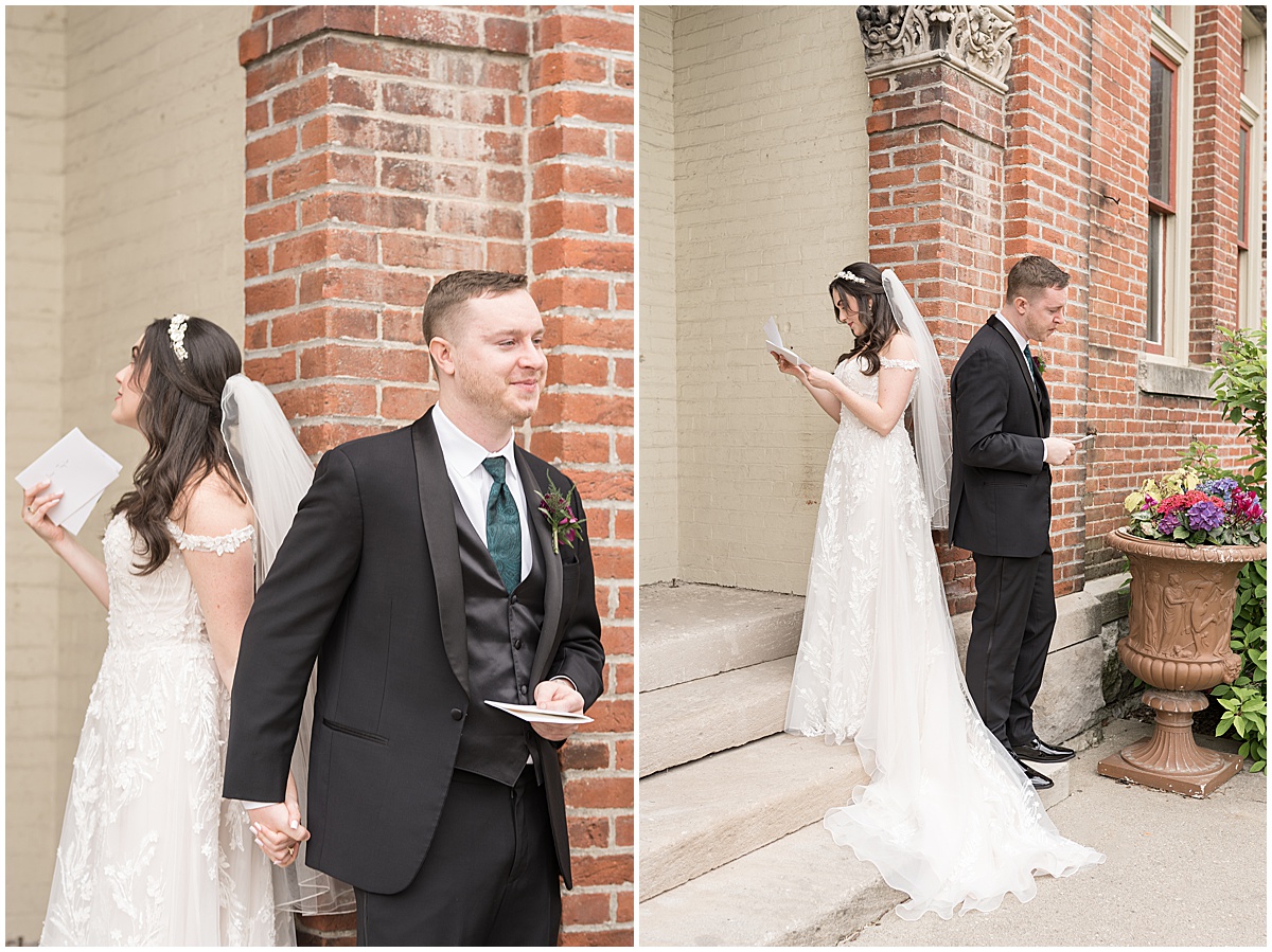 Bride and groom first touch before Historic Saint Joseph Hall wedding in Indianapolis