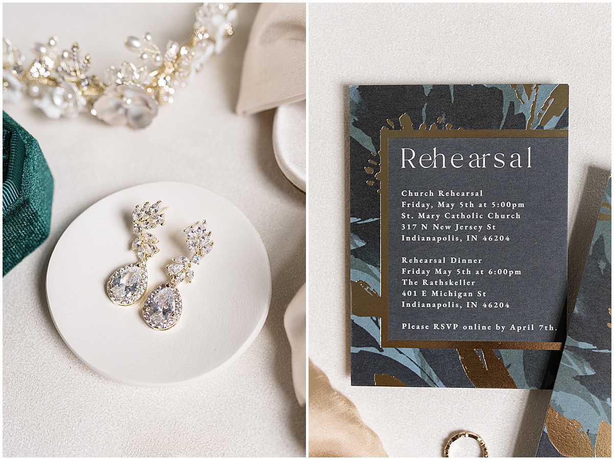 Wedding earrings in white dish and rehearsal invitation for Historic Saint Joseph Hall wedding in Indianapolis