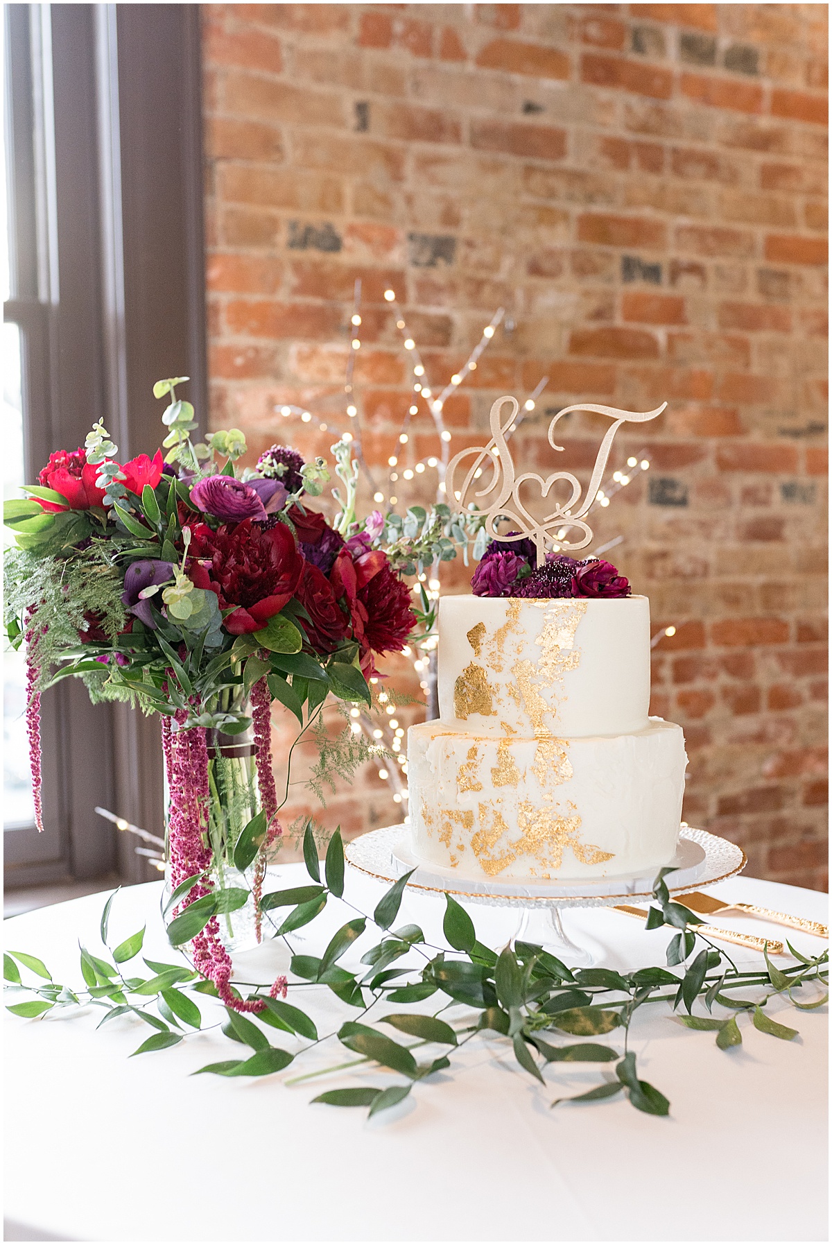 Wedding cake and bouquet for Historic Saint Joseph Hall wedding in Indianapolis