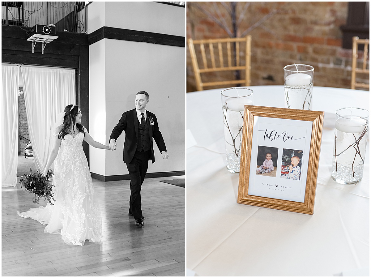 Couple's grand entrance and reception decor for Historic Saint Joseph Hall wedding in Indianapolis