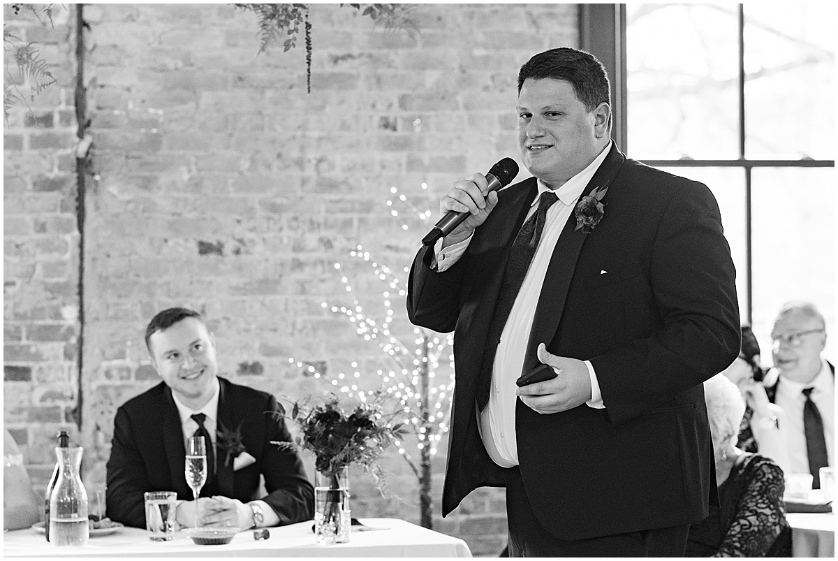 Best man giving speech during Historic Saint Joseph Hall wedding in Indianapolis