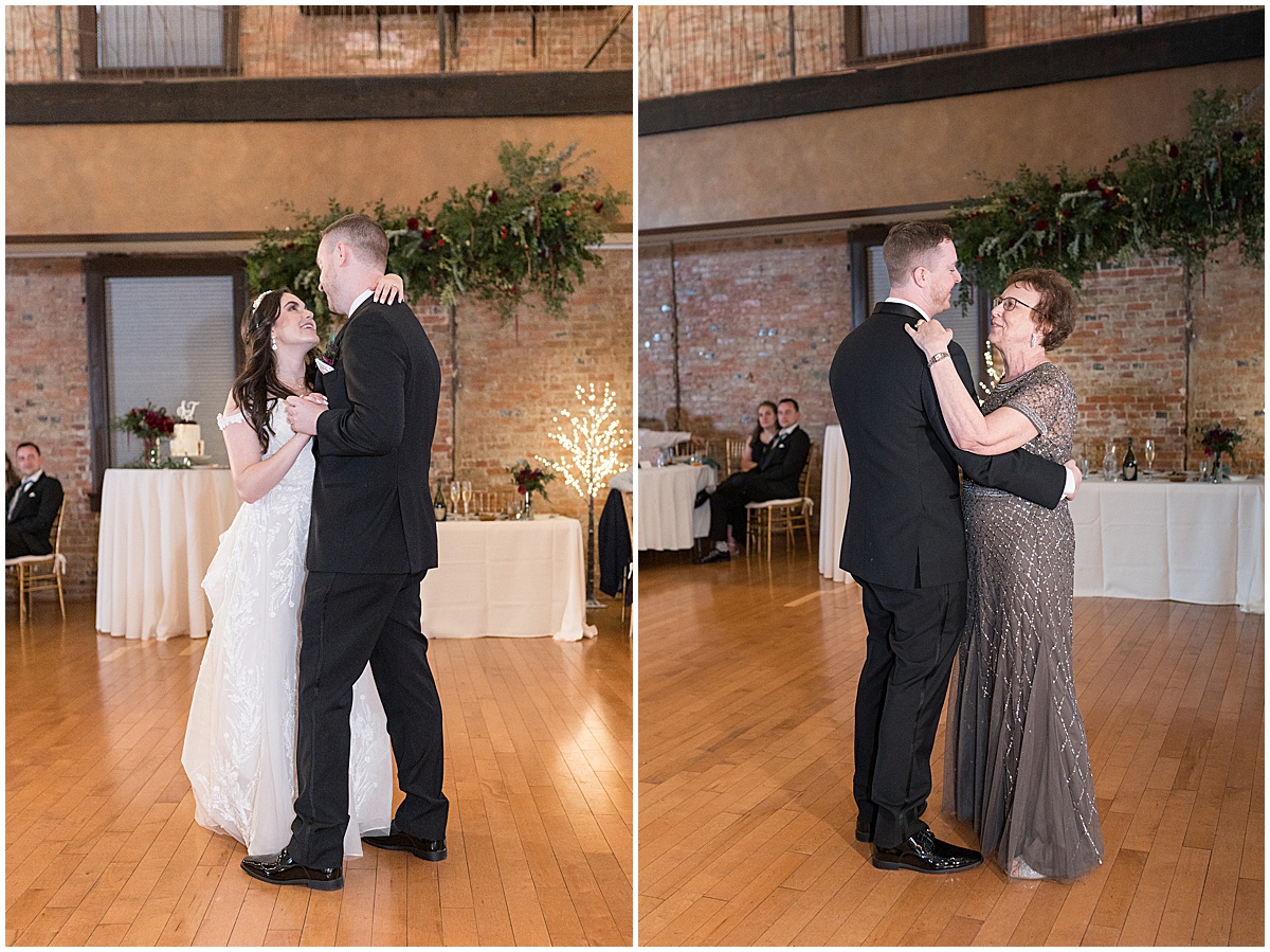 Bride and groom and mother-son dance during Historic Saint Joseph Hall wedding in Indianapolis