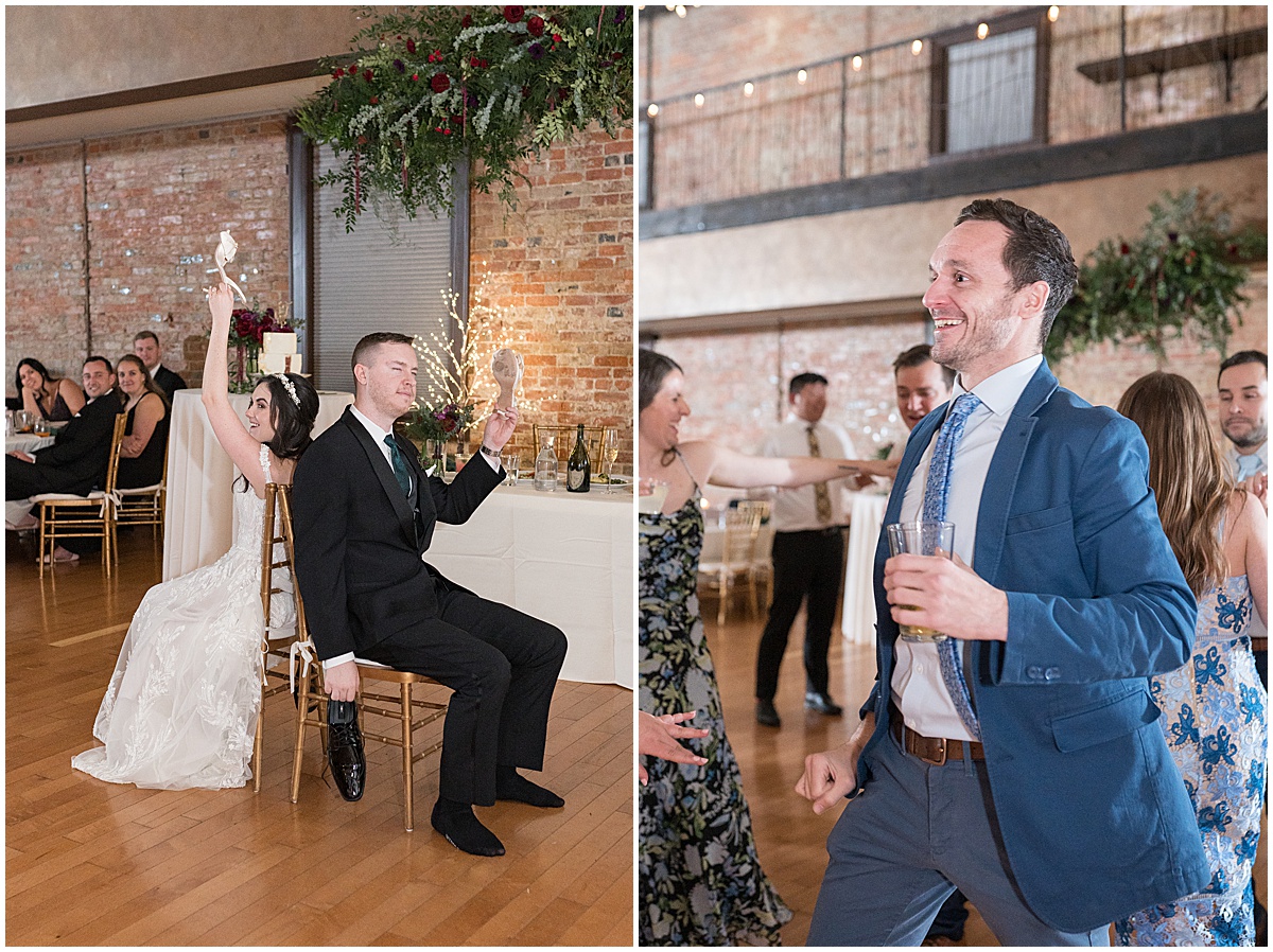 Shoe game and guests dancing during Historic Saint Joseph Hall wedding in Indianapolis