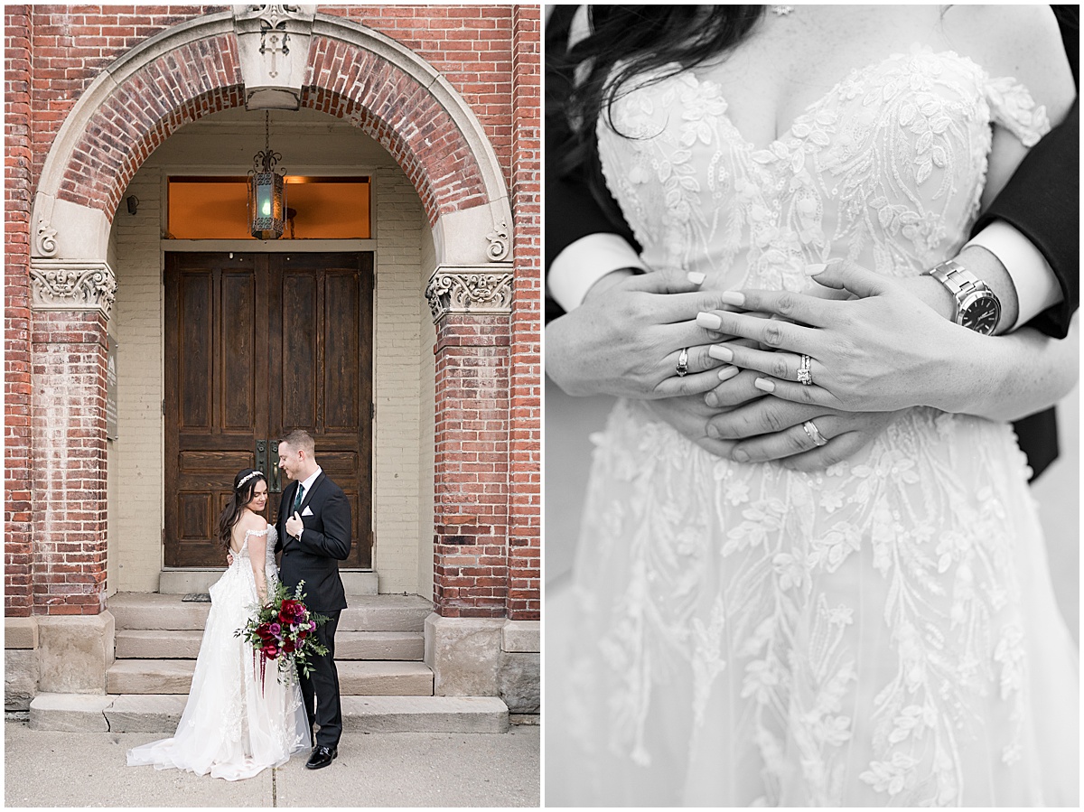 Bride and groom in front of venue during Historic Saint Joseph Hall wedding in Indianapolis