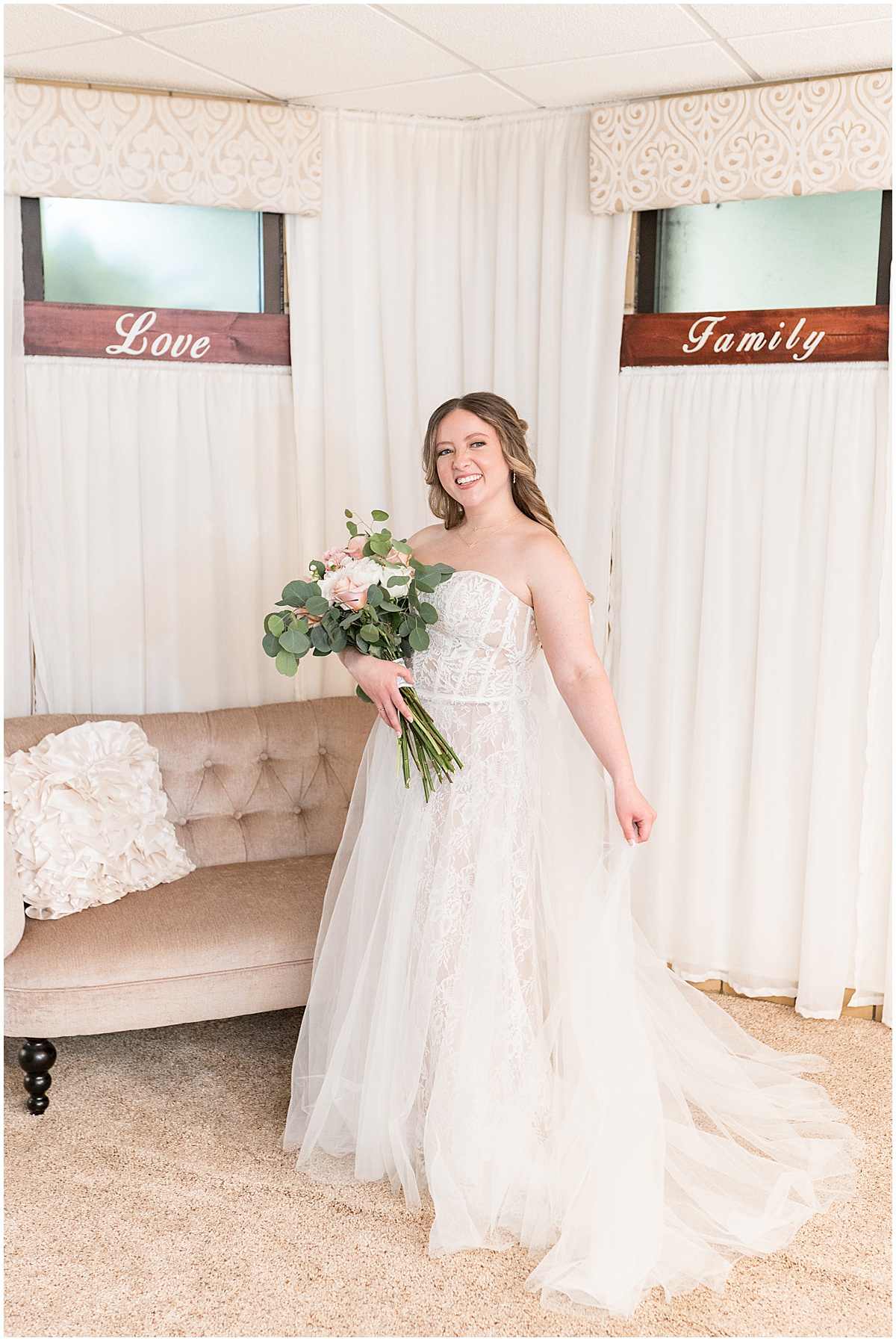 Bride in bridal suite before wedding at St. Augustine Catholic Church in Rensselaer, Indiana