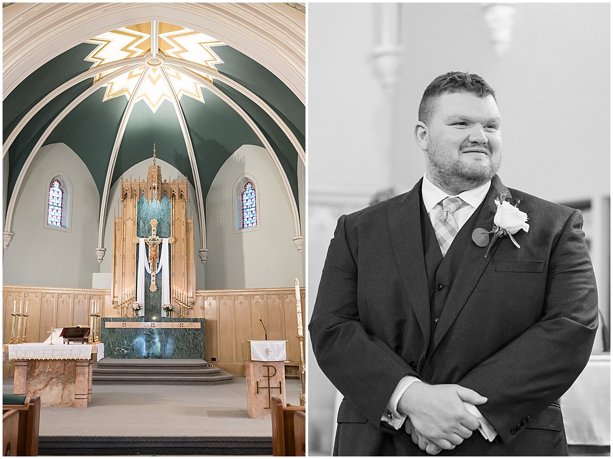 Groom sees bride walking down the aisle at wedding at St. Augustine Catholic Church in Rensselaer, Indiana