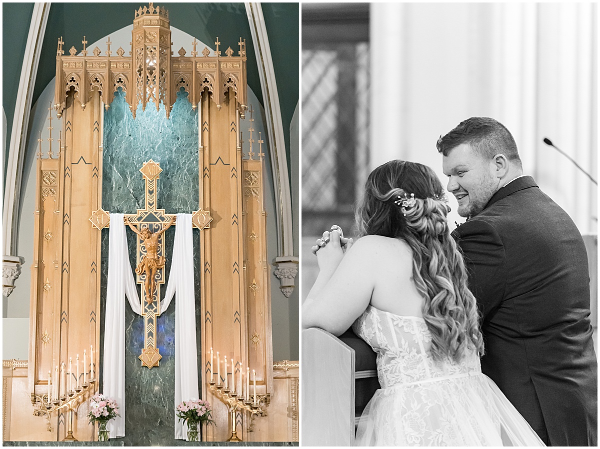 Couple at alter for wedding at St. Augustine Catholic Church in Rensselaer, Indiana