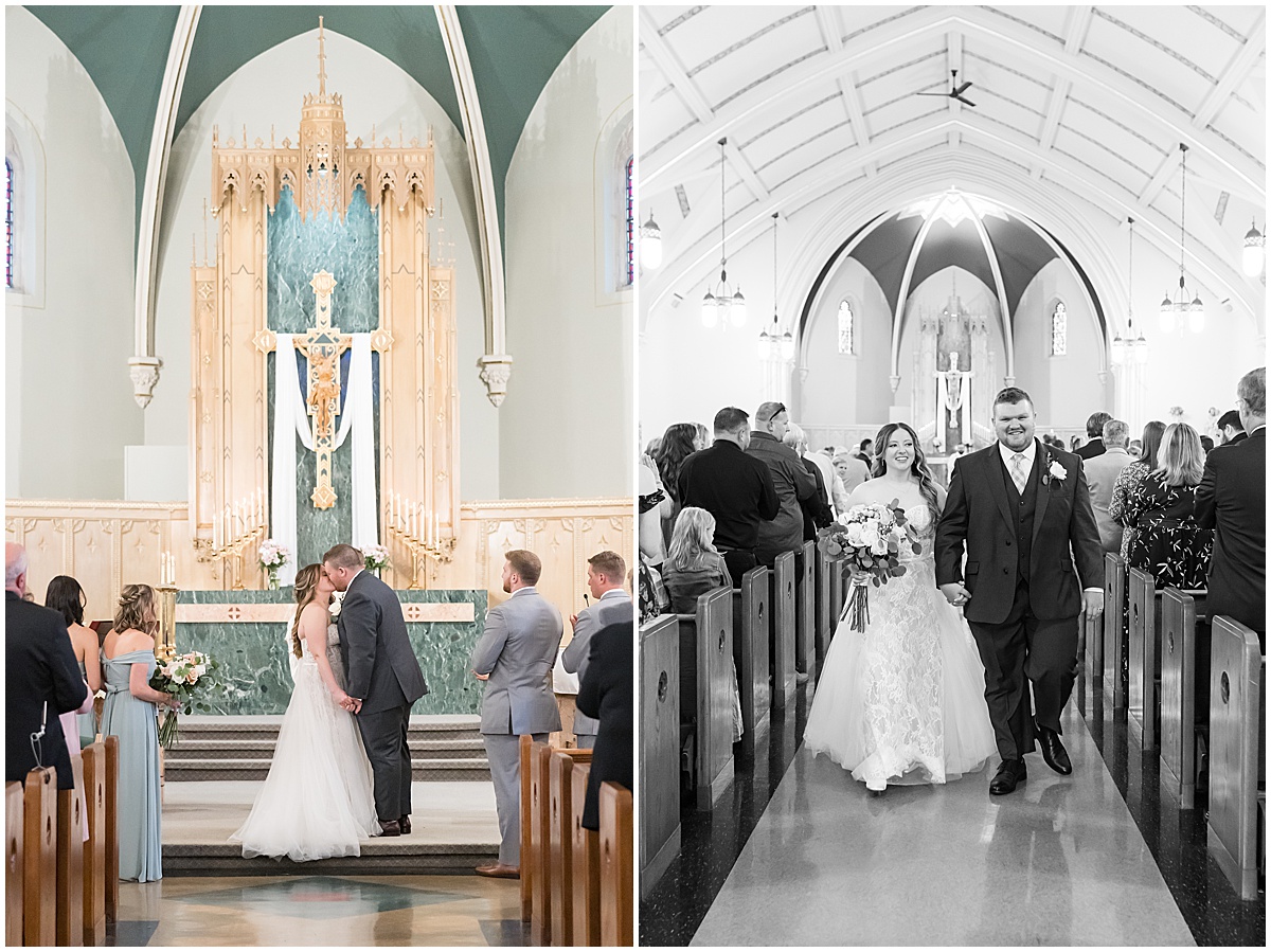 Bride and groom kiss at wedding at St. Augustine Catholic Church in Rensselaer, Indiana