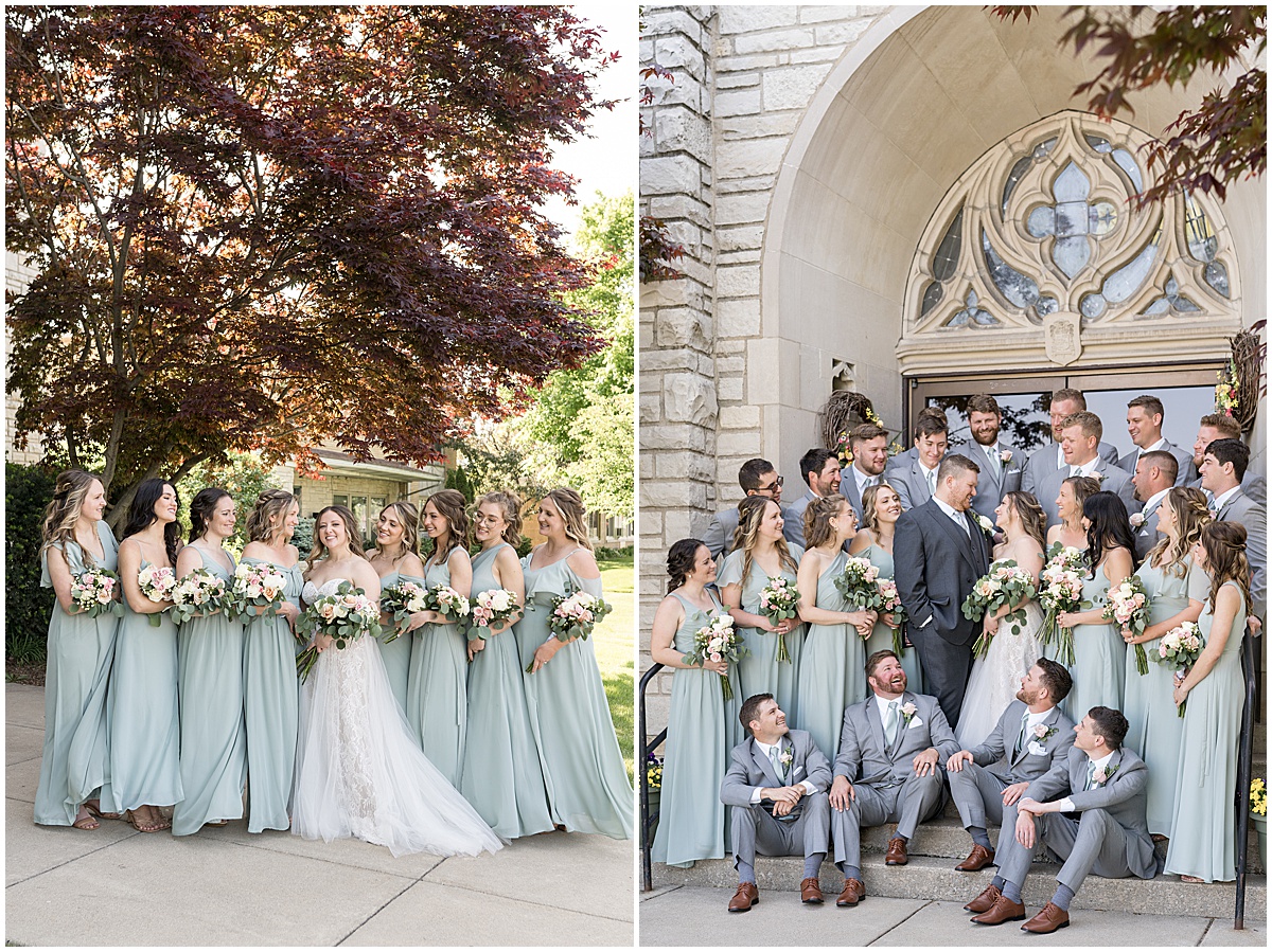 Bridal party admire couple after wedding at St. Augustine Catholic Church in Rensselaer, Indiana