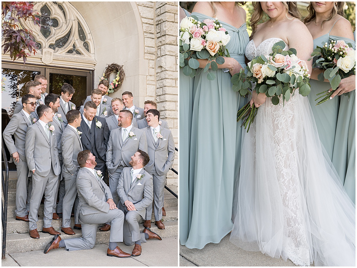Bridesmaids flowers and light green dresses for wedding at St. Augustine Catholic Church in Rensselaer, Indiana