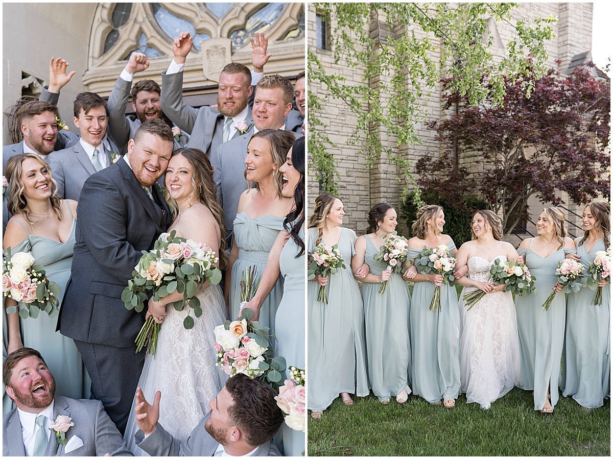 Bridal party laugh together after wedding at St. Augustine Catholic Church in Rensselaer, Indiana
