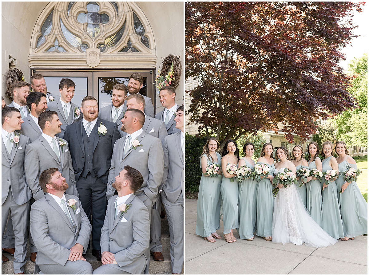 Bridal party outside before wedding at St. Augustine Catholic Church in Rensselaer, Indiana