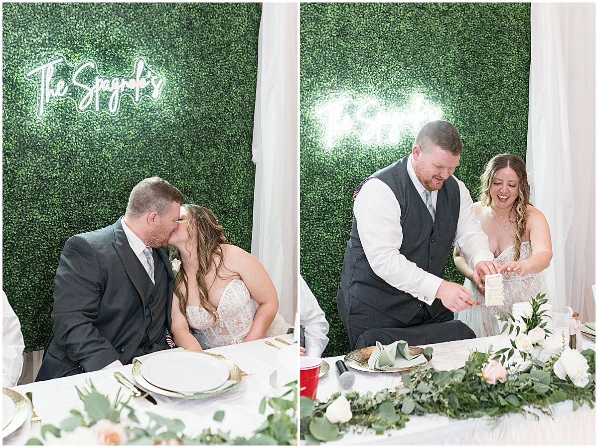 Bride and groom cut cake at Jasper County Fairgrounds wedding