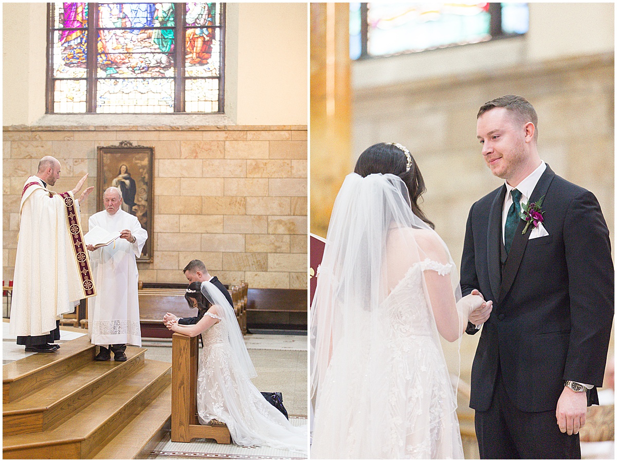 Couple praying and holding hands during Saint Mary's Catholic Cathedral wedding in downtown Indianapolis