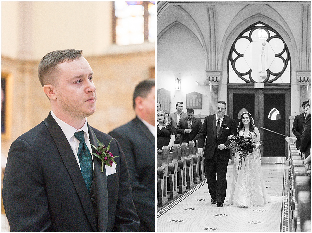 Groom seeing bride as her father walks her down aisle at Saint Mary's Catholic Cathedral wedding in downtown Indianapolis