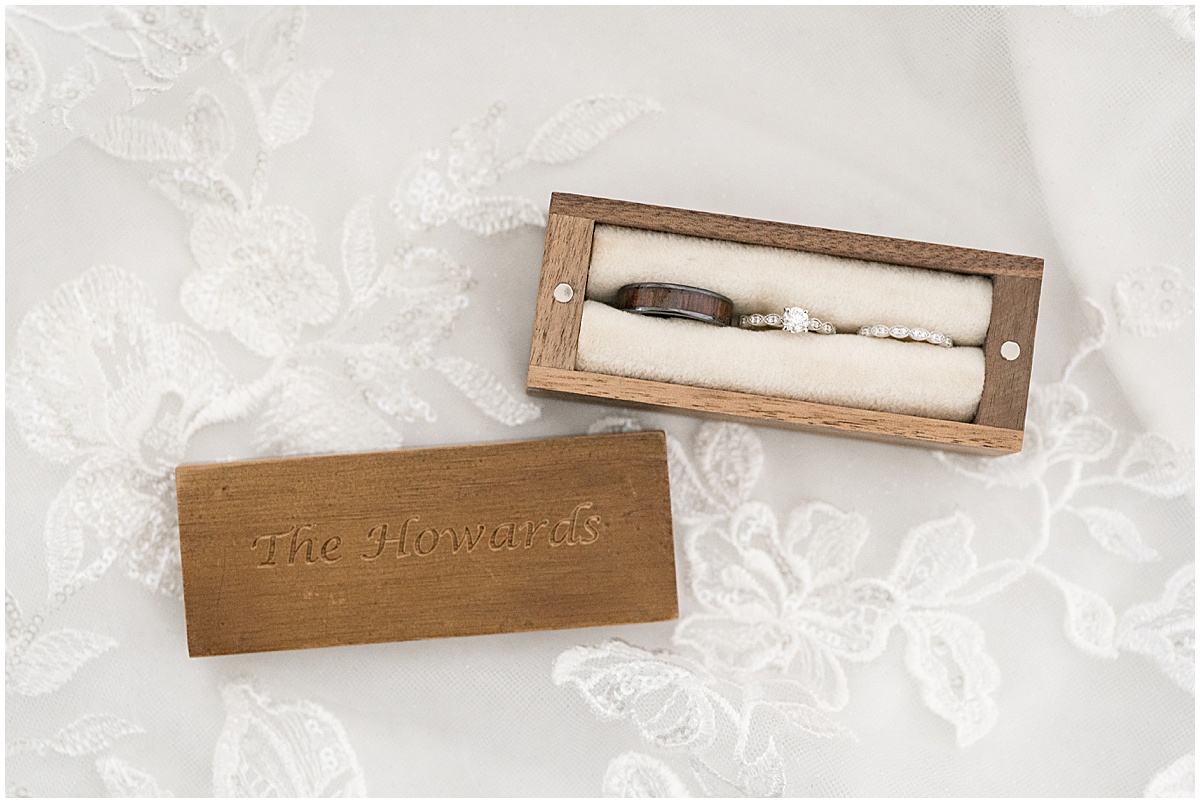 Personalized wooden ring box for wedding at New Journey Farms in Lafayette, Indiana