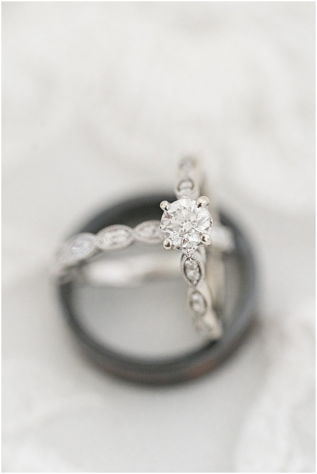 Close up of engagement ring at wedding at New Journey Farms in Lafayette, Indiana