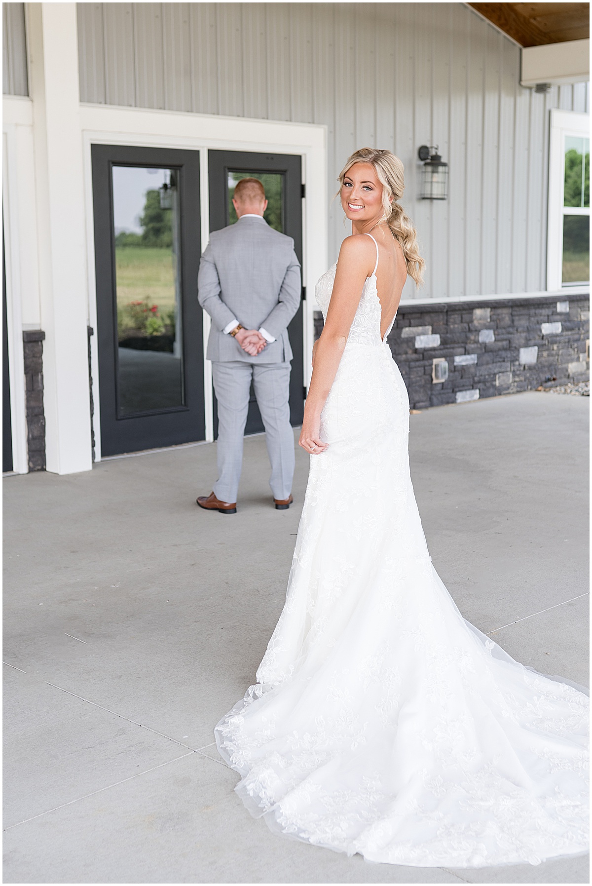 Bride waiting for first look before wedding at New Journey Farms in Lafayette, Indiana