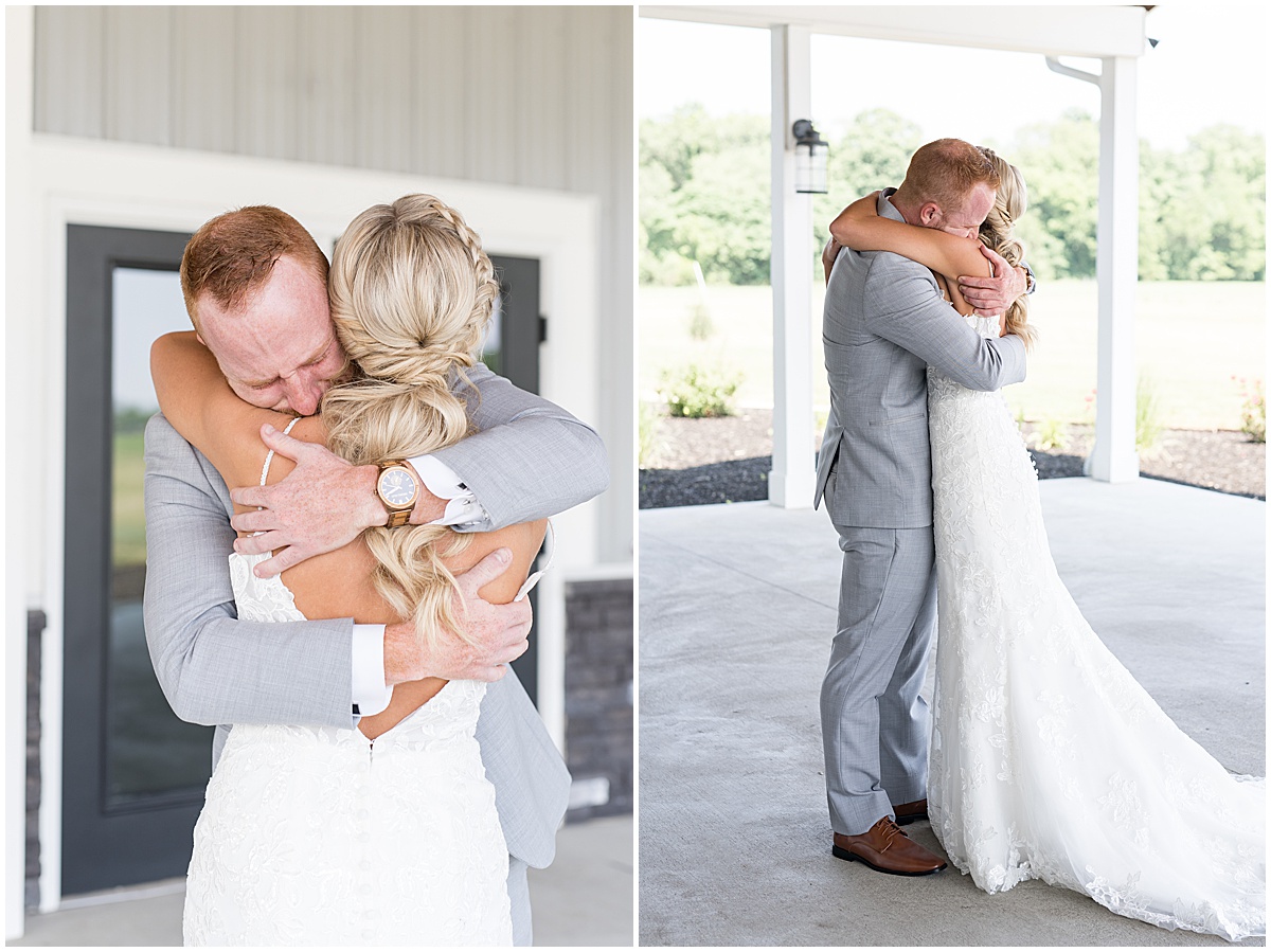 Bride and groom hug before wedding at New Journey Farms in Lafayette, Indiana
