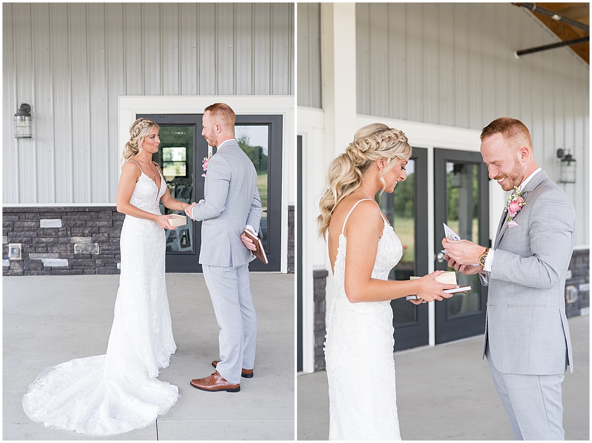 Bride and groom read personal vows before wedding at New Journey Farms in Lafayette, Indiana