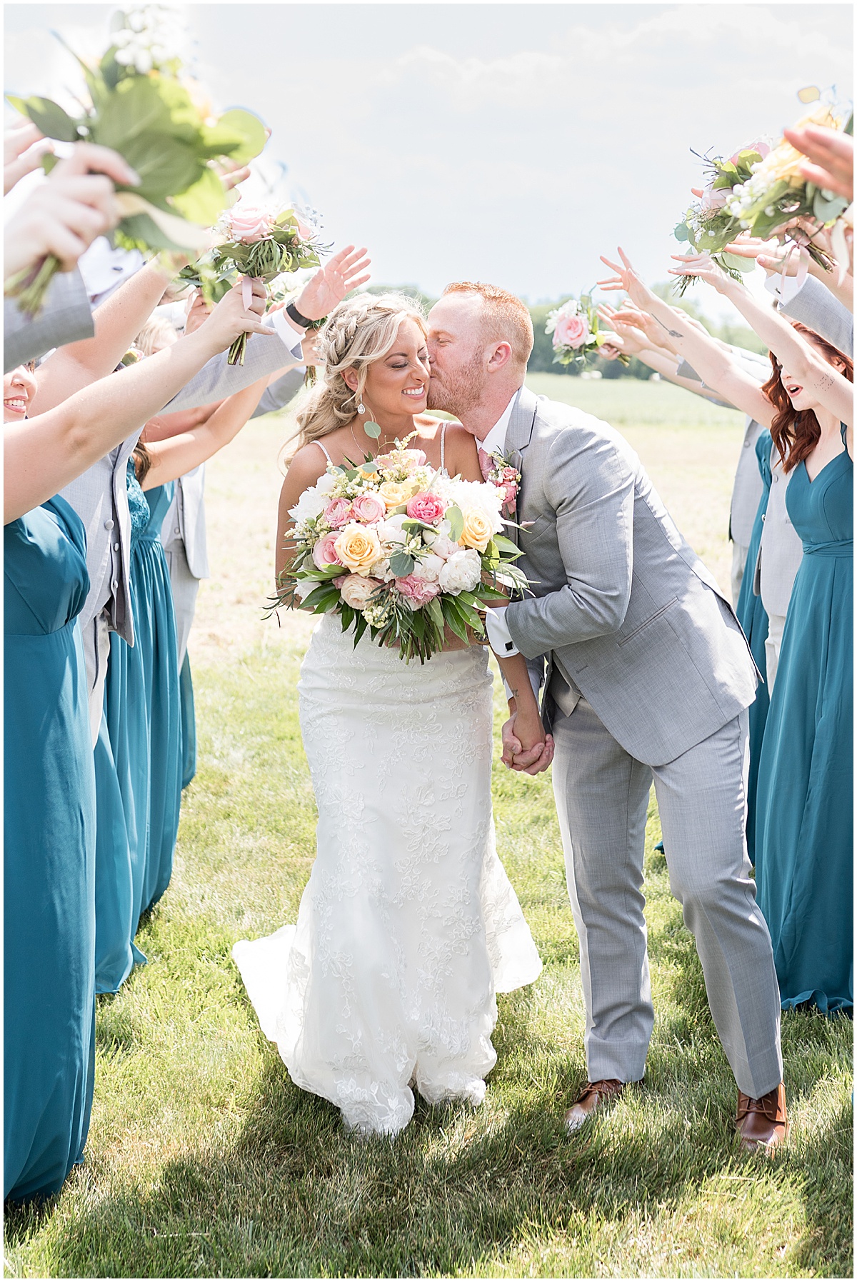 Bridal party celebrates couple before wedding at New Journey Farms in Lafayette, Indiana