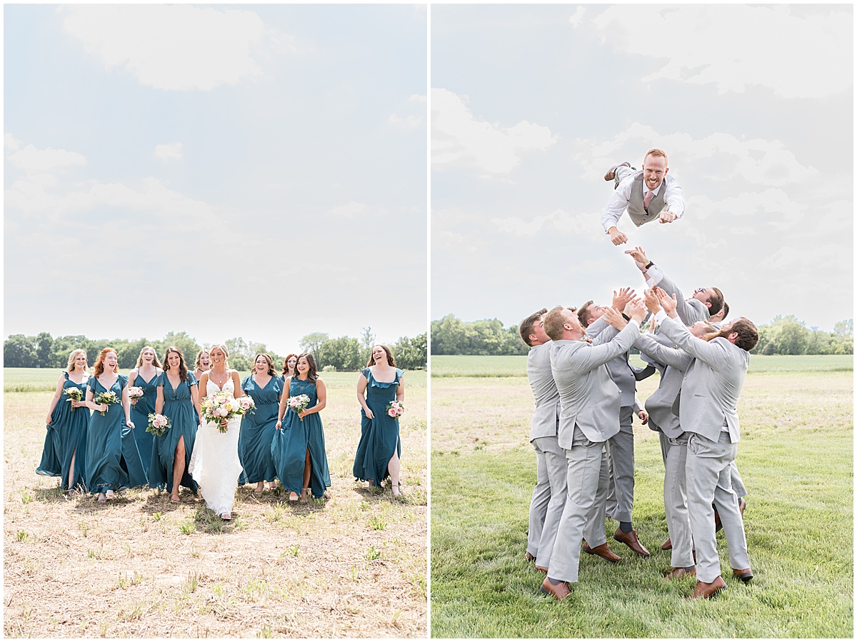 Groomsmen toss up groom before wedding at New Journey Farms in Lafayette, Indiana