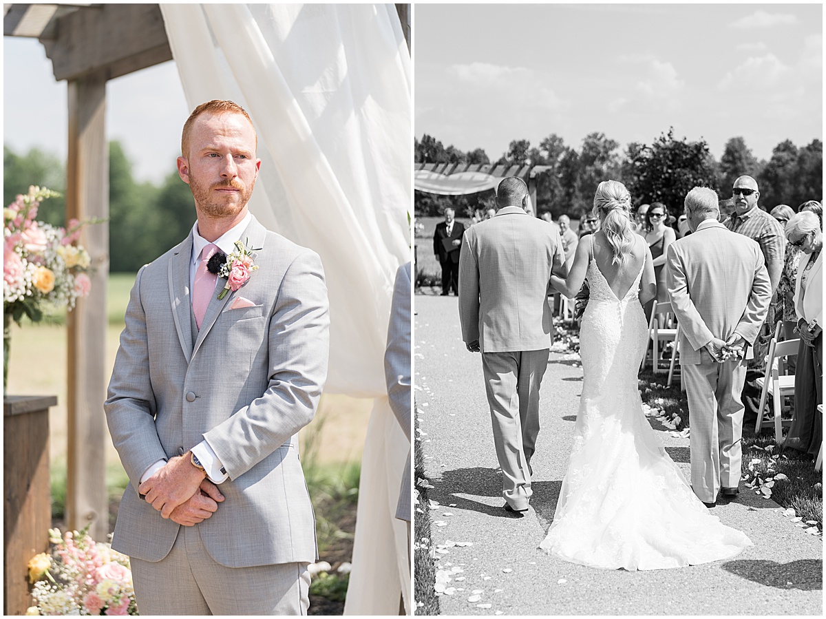Groom sees bride walk down aisle for wedding at New Journey Farms in Lafayette, Indiana
