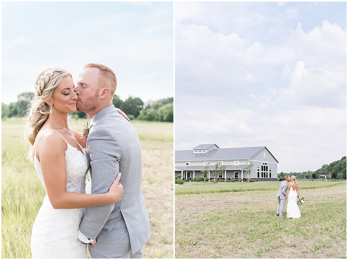 Groom kisses bride outside wedding at New Journey Farms in Lafayette, Indiana