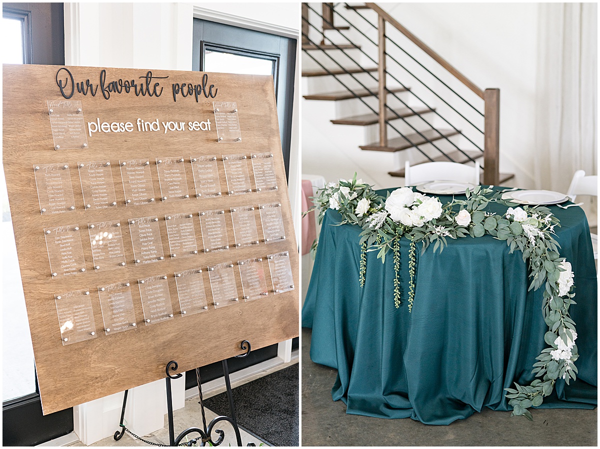 Wooden seating chart for reception at New Journey Farms in Lafayette, Indiana