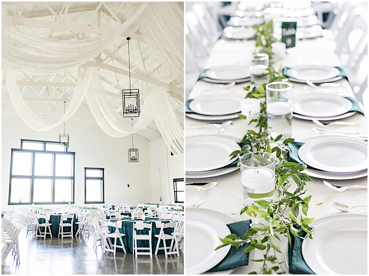 Teal and white reception at New Journey Farms in Lafayette, Indiana