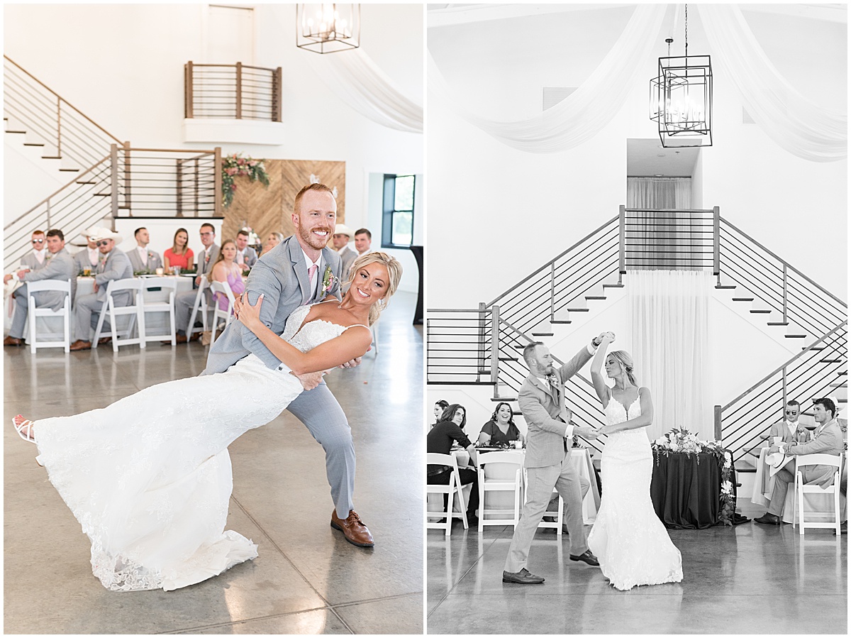Groom twirls bride during first dance at New Journey Farms in Lafayette, Indiana