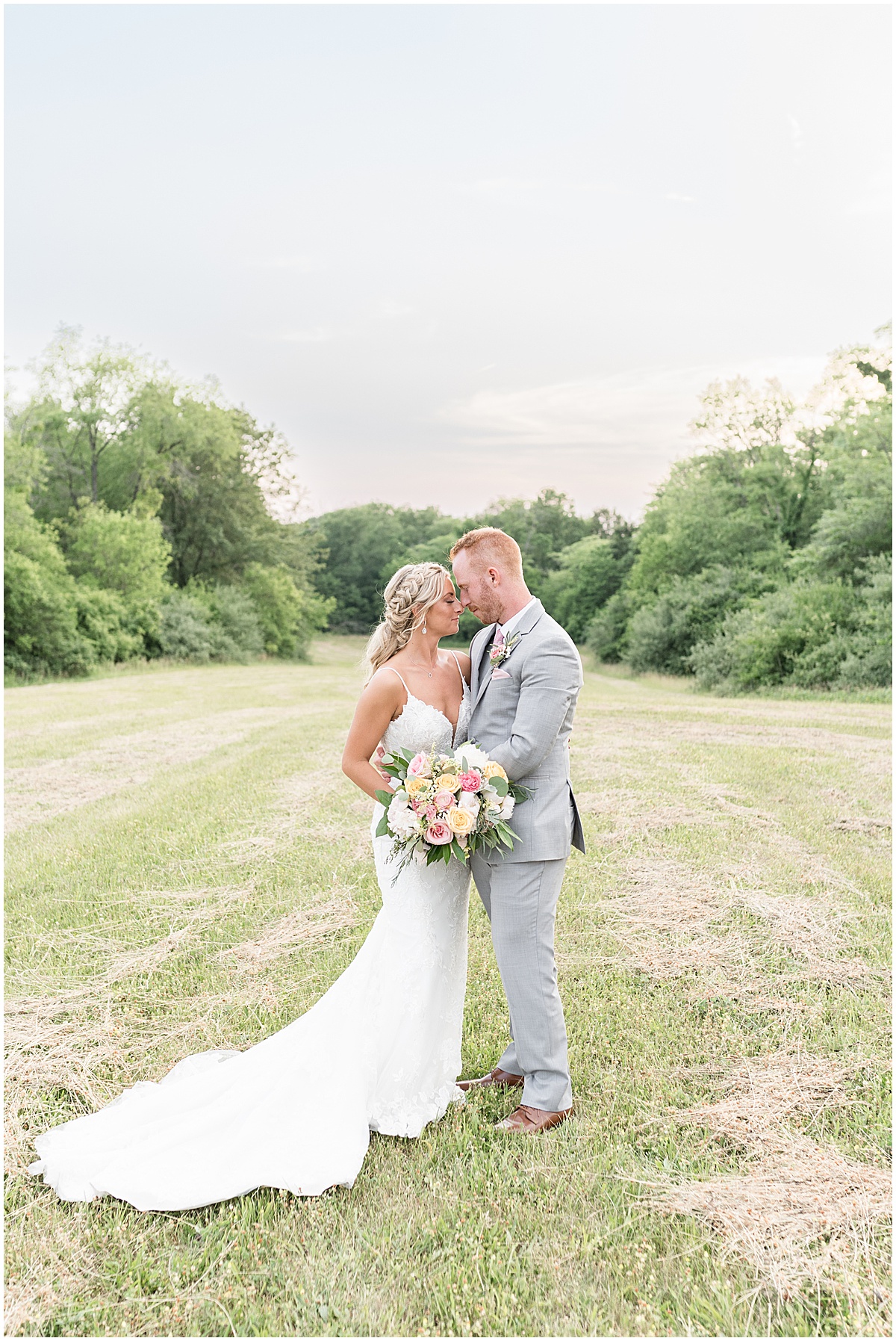 Bride and groom get close after wedding at New Journey Farms in Lafayette, Indiana