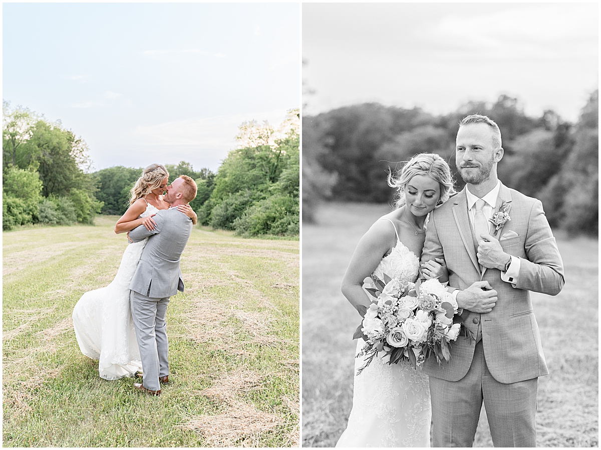 Groom lifts up bride after wedding at New Journey Farms in Lafayette, Indiana