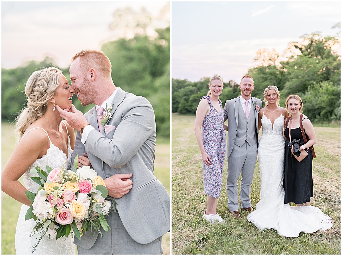 Newlyweds laugh with photographers at New Journey Farms in Lafayette, Indiana