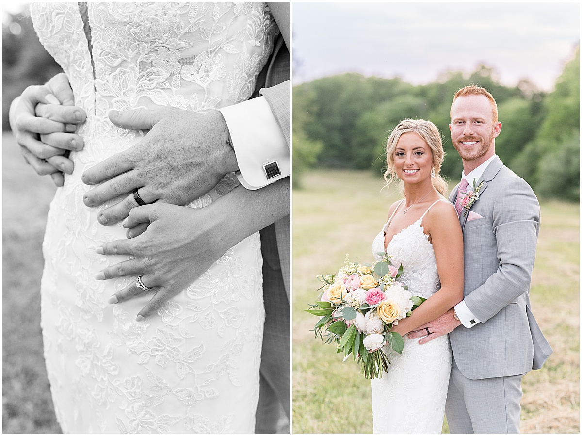 Groom holds on to bride at New Journey Farms in Lafayette, Indiana