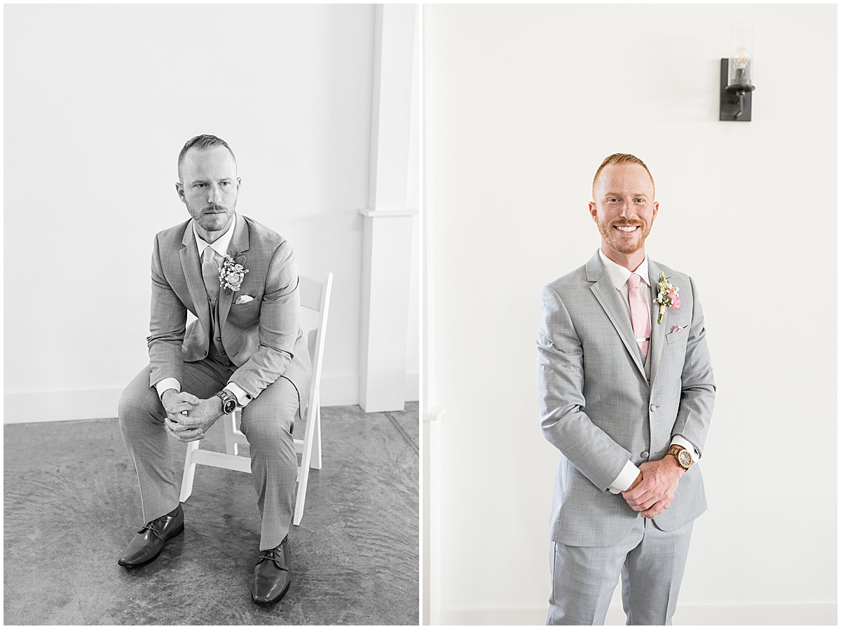 Groom sitting on chair before wedding at New Journey Farms in Lafayette, Indiana