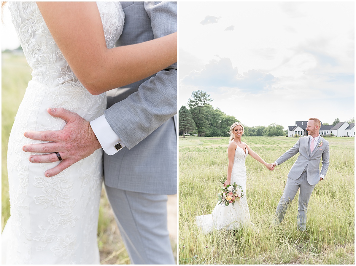 Groom leads bride through field after wedding at New Journey Farms in Lafayette, Indiana