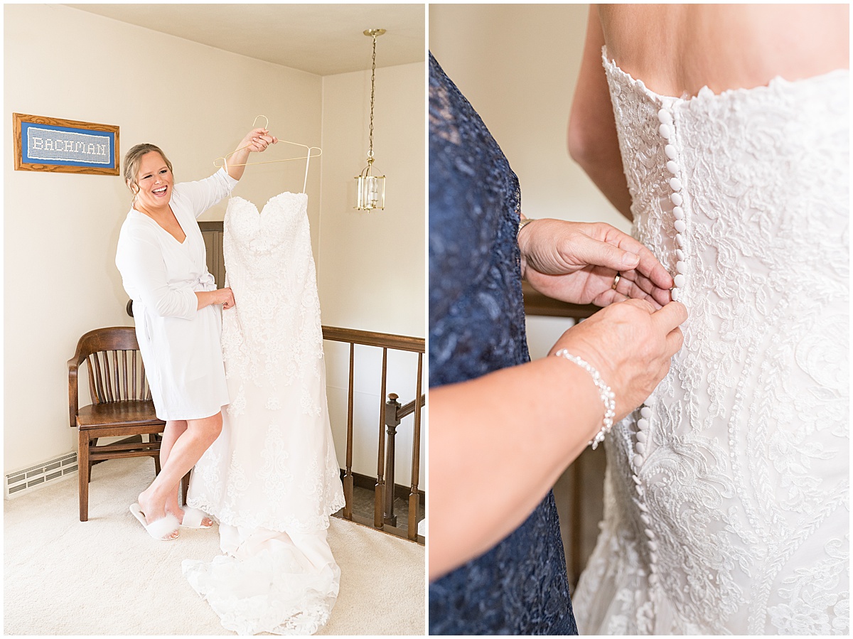 Bride gets help putting on dress before St. Joseph Catholic Church in Jasper, Indiana