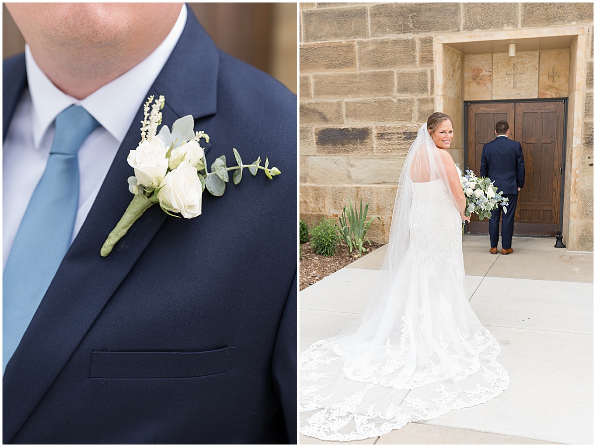 First look with bride and groom before St. Joseph Catholic Church in Jasper, Indiana
