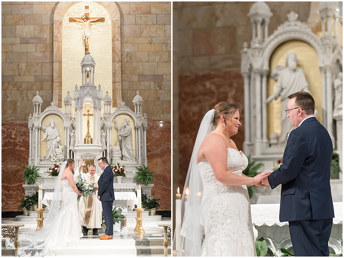 Bride and groom exchange vows at St. Joseph Catholic Church in Jasper, Indiana