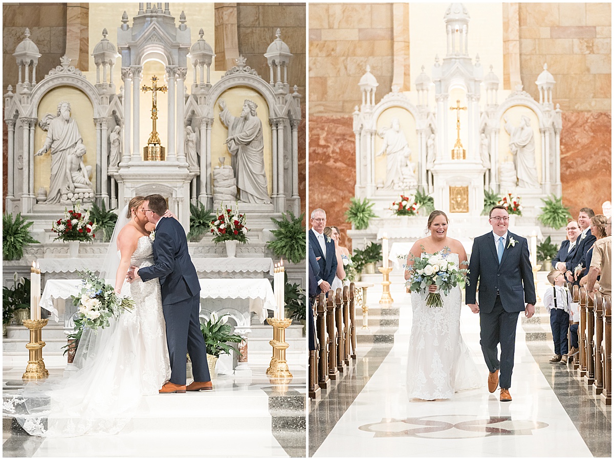 Bride and groom kiss during ceremony at St. Joseph Catholic Church in Jasper, Indiana